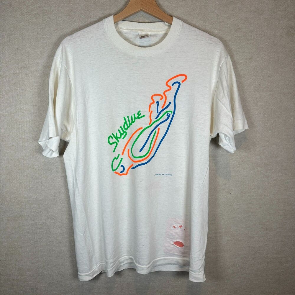 Vintage 90s Single Stitch Skydive Shirt Mens Large White Graphic USA Thrash